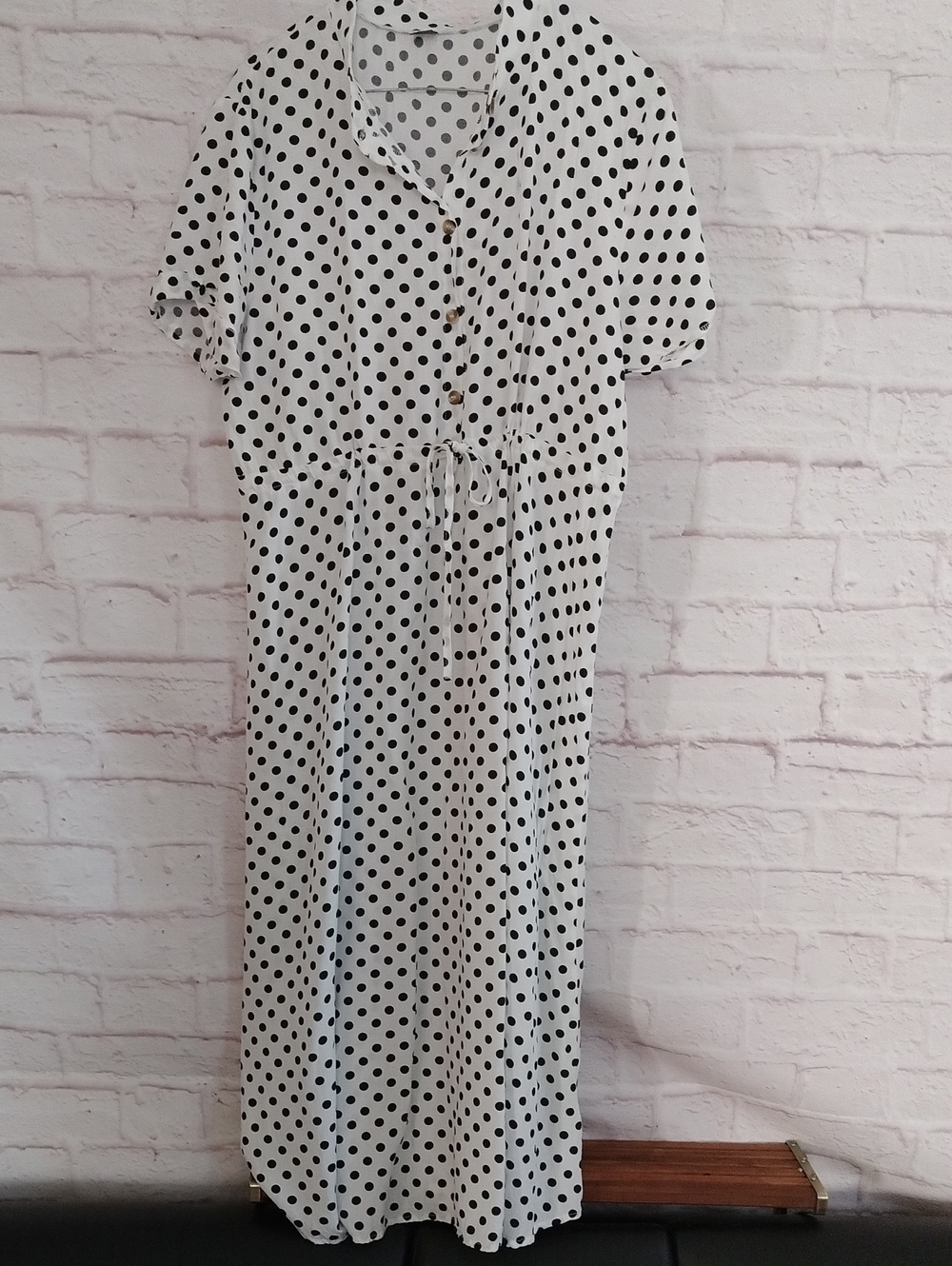 Polka Dot Button-Front Midi Dress in White and Black